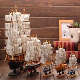 Wooden Ship Model Nautical Decor Home Crafts Figurines Miniatures Marine Blue Wooden Sailing Ship Wood Boat Decoration Crafts Y200104