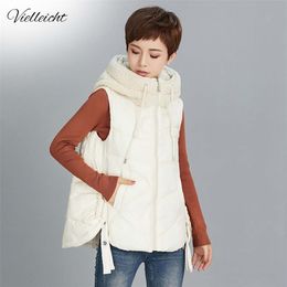 Vielleicht New Fleece Spliced Glossy Winter Women Vest Quilting Drawstring Short Hooded Winter Waistcoat Vest Jacket Women 201214