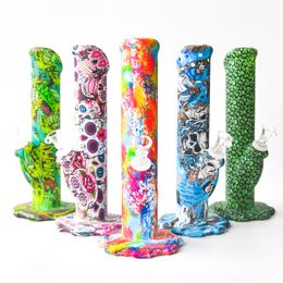 10.5inches Silicone Bong Printing Silicone Water Pipe Hookahs with 14.4mm joint sillicone oil rig