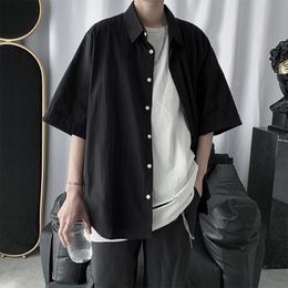 Botão dos homens para cima camiseta trabalho de carga do verão camiseta manga curta estilo coreano harajuku roupas masculino preto branco solto casual top