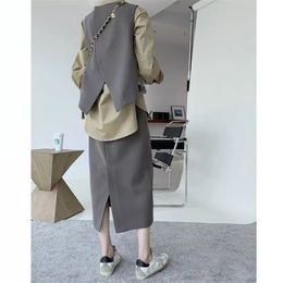 Spring Suit Skirt Women Fashion Vintage Long Sleeve Shirt Split Vest + Skirts Two Piece Sets Female 220302