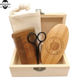 MOQ 100 sets Custom LOGO Beard Tools Brush and Sandalwood Comb & Grooming Scissors in Gift Bag Wooden Box Kit