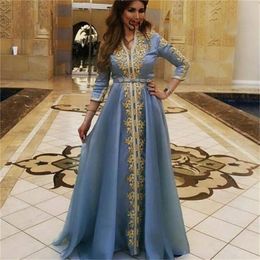 Golden Lace Appliques Moroccan Kaftan Evening Dressese 3/4 Long Sleeves Saudi Arabic Prom Gowns Muslim Chiffon Dress