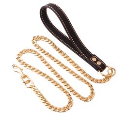 Golden Stainless Steel Pet Dog Leash Leather Rope Pet Dog Chain Teddy Schnauzer Law Fight Pet Dogs Accessories2980