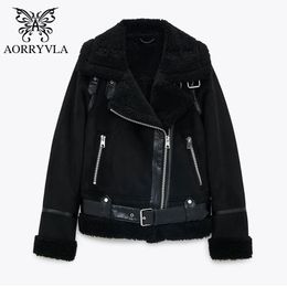 AORRYVLA New Fashion Suede Sheepskin Coat For Women Winter Full Sleeve Turn Down Collar Faux Leather Lambswool Biker Jacket 201030