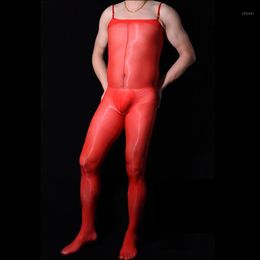 JJ Open Sleeve Sexy Men Tight Bodysuit Oil Glossy Smooth COCK Ring Sheer Shiny U Convex Pouch One Piece Thong Candy Color1