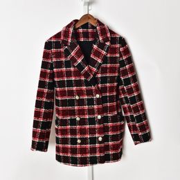 2021 Spring Long Sleeve Notched-Lapel Red Plaid Woollen Double-Breasted Blazers Women Fashion Outwear Coats J23163325