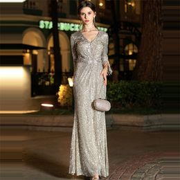 Sequins Formal Gown Silver V-Neck Robe De Soiree K019 Long Plus Size Women Party Dresses Elegant Long Sleeves Evening Dress 201113