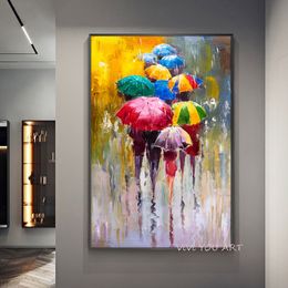 100% Hand Painted Oil Painting Abstract People In the Rain With Colourful Umbrellas On Canvas Wedding Decoration For Living Room LJ201128
