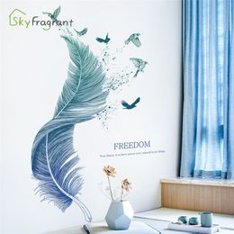 Creative Blue Feather Wall Stickers For Living Rooms Bedroom Background Decoration Home Decor Self-Adhesive Vinyl Sticker 220217