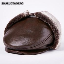 SHALUOTAOTAO Dad's Cap Winter Thicken Thermal Bomber Hats For Men Fashion Plus Velvet Earmuffs Cowhide Genuine Leather Hat NEW Y200110