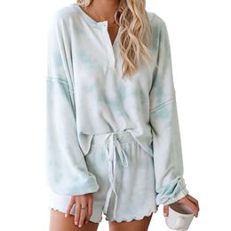 Sleepwear Night Shorts Fashion Home Summer Loungewear Casual Women Pajamas Set Ladies V Neck Tie Dye Print Soft Long Sleeve Tops T200707