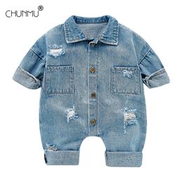 Spring Autumn Newborn Baby Boy Girl Clothes Long Sleeve Denim Romper Jumpsuit Infant Outfit Fashion Hole Baby Unisex Costume 201027