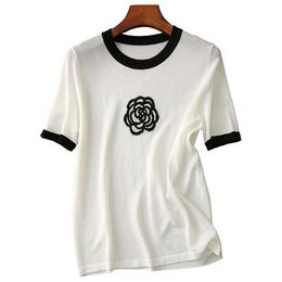 2024 Casual O-Neck Rose Tee Embroidery Channells Beading Short-Sleeved Knit Top Pullover Women Luxury Casual T-Shirt Clothing Designer Shirt