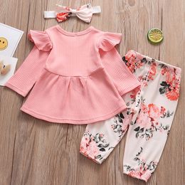 Autumn Newborn Baby Girl Clothes Set Pink Tops Floral Print Pants Headband Cute Infant Toddler Clothing 0 3 Months Outfits LJ201223