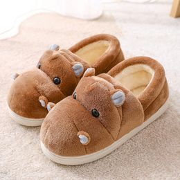 Women's slippers home Cotton Room shoes Cute Hippo Animal plush slippers Indoor Non-slip Family shoes 201204