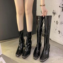 Knee High Boots Women Sexy Square Toe High Boots Thick Heels 2020 Autumn Black Glossy Tall Boot for Women Casual Shoes1