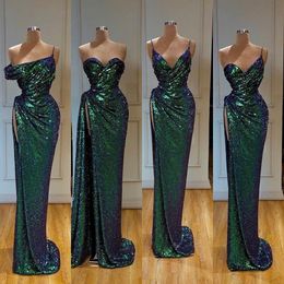 New Bling Sleeveless Sequins Mermaid Bridesmaid Dresses Dark Green Sweep Train Split Plus Size Wedding Guest Gowns Maid Of Honor Dress 403