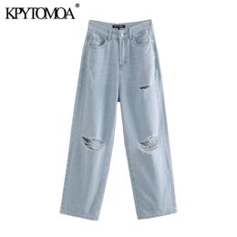 KPYTOMOA Women Chic Fashion Ripped Hole Straight Jeans Vintage High Waist Zipper Fly Female Ankle Denim Pants Mujer 201223