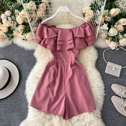 Women's Sexy Scheming Slash Neck Ruffle High Waist Wide Leg Jumpsuit Korean Casual Solid Colour Playsuits Overalls N179 T200704