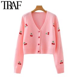 TRAF Women Fashion Cherry Embroidery Cropped Knitted Cardigan Sweater Vintage Long Sleeve Female Outerwear Chic Tops 201030