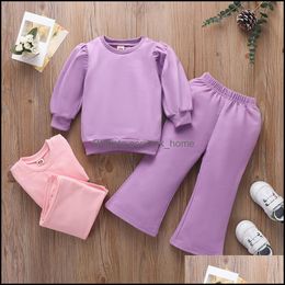 Clothing Sets Baby & Kids Baby, Maternity Girls Solid Colour Outfits Children Lantern Sleeve Tops+Flared Pants 2Pcs/Set Spring Autumn Fashion