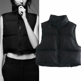 Za Winter Black Cropped Vest Coat Women Fashion Keep Warm Sleeveless High Collar Zip Up Wasitcoats Woman Casual Vest Top 201211