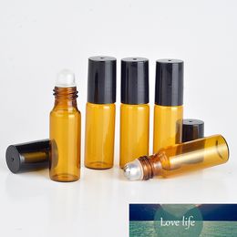 200pcs/lot 5ml Roll On Portable Amber Glass Refillable Perfume Bottle Empty Essential Oil Case With Plastic Cap