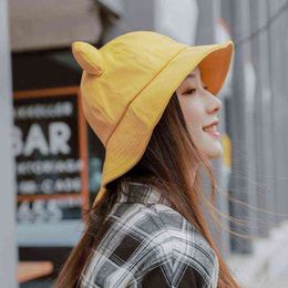 Giral Korean Style Kawaii Hats Cat Ears Fisherman Hat Women Summer Japanese Art Solid Color Bucket Hats G220311