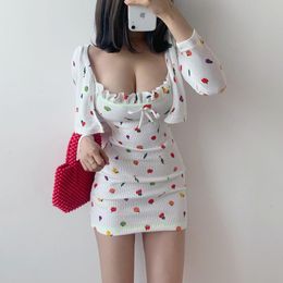 Work Dresses WOMENGAGA 2021 Girl Lovely French Fruit Pattern Sling Tank Vest Mini Dress + Cardigan Full Sleeve Knitting Sweater Set V992