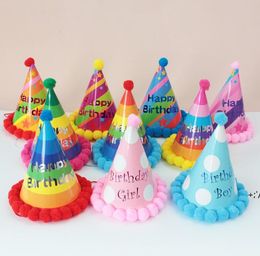sombreros de papel para cumpleaños Rebajas Sombrero de cumpleaños para bebé chicas fiesta decoración encantadora papel cono sombreros con pom poms recién nacido niños fiestas accesorios para niños RRA11447