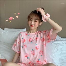 p cartoons Australia - Women's Sleepwear 2021 Summer Pink Fruit Cartoon Printed Woman Clothing Japanese Sweet Kawaii Lovely T-Shirt And Short Tracksuit Suit Girl P
