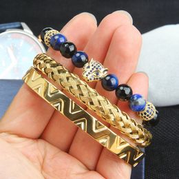 Fashion 3pcs Set Leopard Bangel Bracelet Men Woman Blue Cz Ball Cz Panther Crown Braiding Bracelet Stainless Steel Sets Bangles Jewellery