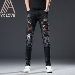 Embroidery Black Men Jeans Fantastic Patterns Quality Brand Slim Elastic Comfortable Hiphop Pants Multiple Styles Trousers LJ200903