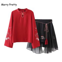 Merry Pretty S-XL 2 pieces set women Chinese style floral embroidery long sleeve red blouse and mesh skirt women clothing set T200702