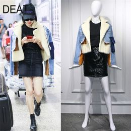 DEAT winter sheep fur turn-down collar full sleeves denim blue patchwork spliced clothes letters printed coat trench T200212