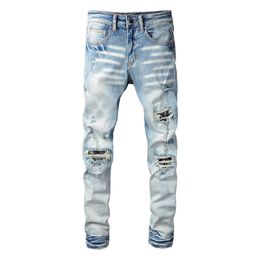 Jeans Regular Slim Fit Ripped Biker Light Blue Men's Denim Pants Jean Casual Trousers Big Size 28-40