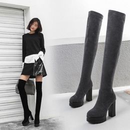 Coolcept Thigh Boots Winter Suede Stretch Shoes Women Fashion Square High Heels Platform Footwear