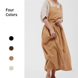 Japanese Apron Pinafore Dress Fashion Korean Work Gown Apricot with Long Waist Tie for Women Kitchen Cooking Baking Robe TJ3648 211222