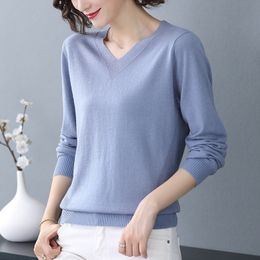 Autumn Winter V-Neck Long Sleeve Women Sweaters Solid Color Knitting Ladies Blue Pullovers Thin Casual Cotton Wool New Tops 201111