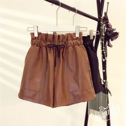 2019 Autumn New Korean Style Female Sexy Leather Shorts High Waist Loose Wide Leg Short Femme Elastic Waist Belt Free Shipping T200103