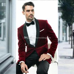 Burgundy Velvet Men Suits Black Shawl Lapel Evening Party Wedding Suits Groom Blazer Bridegroom Custom Made Slim Fit Formal Tuxedos Best Man