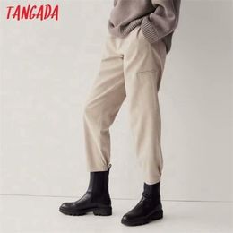 Tangada Fashion Women High Quality Khaki Suit Pants Trousers Side Pockets Buttons Office Lady Pants Pantalon 4C31 211216