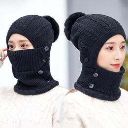 Women Beanie Hat One-piece Bobble Scarf Mask Set Knitted Winter Warm Snow Cap Dustproof Hats Female Warm Knitted Hat