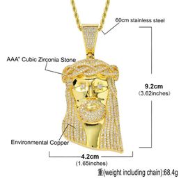 92MM High Big JESUS Piece Pendants Necklaces Hip Hop Cubic Zirconia Paved Bling Iced Out Men Rapper Jewellery Gold Color1304Z