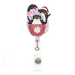 Fashion Key Rings Custom Three Penguins Rhinestone Retractable ID Card Holder For Nurse Name Accessories Badge Reel With Alligator Clip