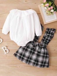 Baby Ruffle Trim Bodysuit & Plaid Pinafore Skirt SHE