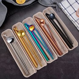 Reusable 304 Stainless Steel Straw Set Straight Bent Straws Cleaning Brush Spoon 7pcs/set Drinking Straws With Box Bar Drink Tool