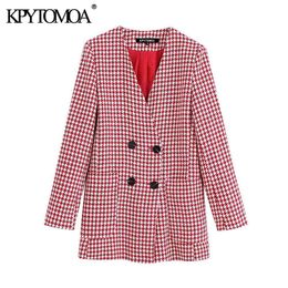 KPYTOMOA Women Fashion Double Breasted Houndstooth Jacket Coat Vintage Long Sleeve Pockets Plaid Female Outerwear Chic Tops LJ200813