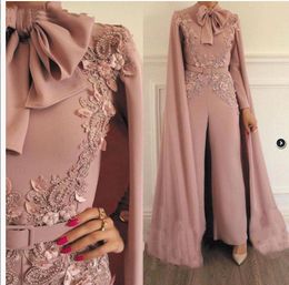 Elegant Arabic Kaftan Formal Evening Dresses Jumpsuits With Wrap Cape Long Sleeves Appliques Lace Flowers Beading Pearls Muslim Prom Dress